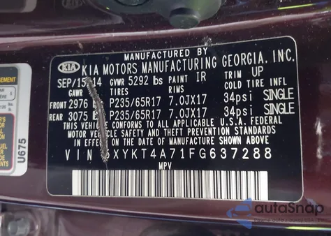 2015 Kia Sorento Lx V6 from USA, damaged, VIN 5XYKT4A71FG637288